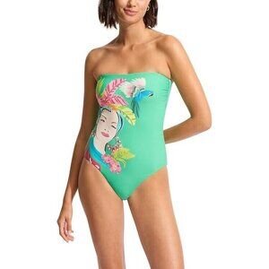 Seafolly Womens Bandeau One Piece Swimsuit with High Cut Leg, Tropica Jade 8 NWT